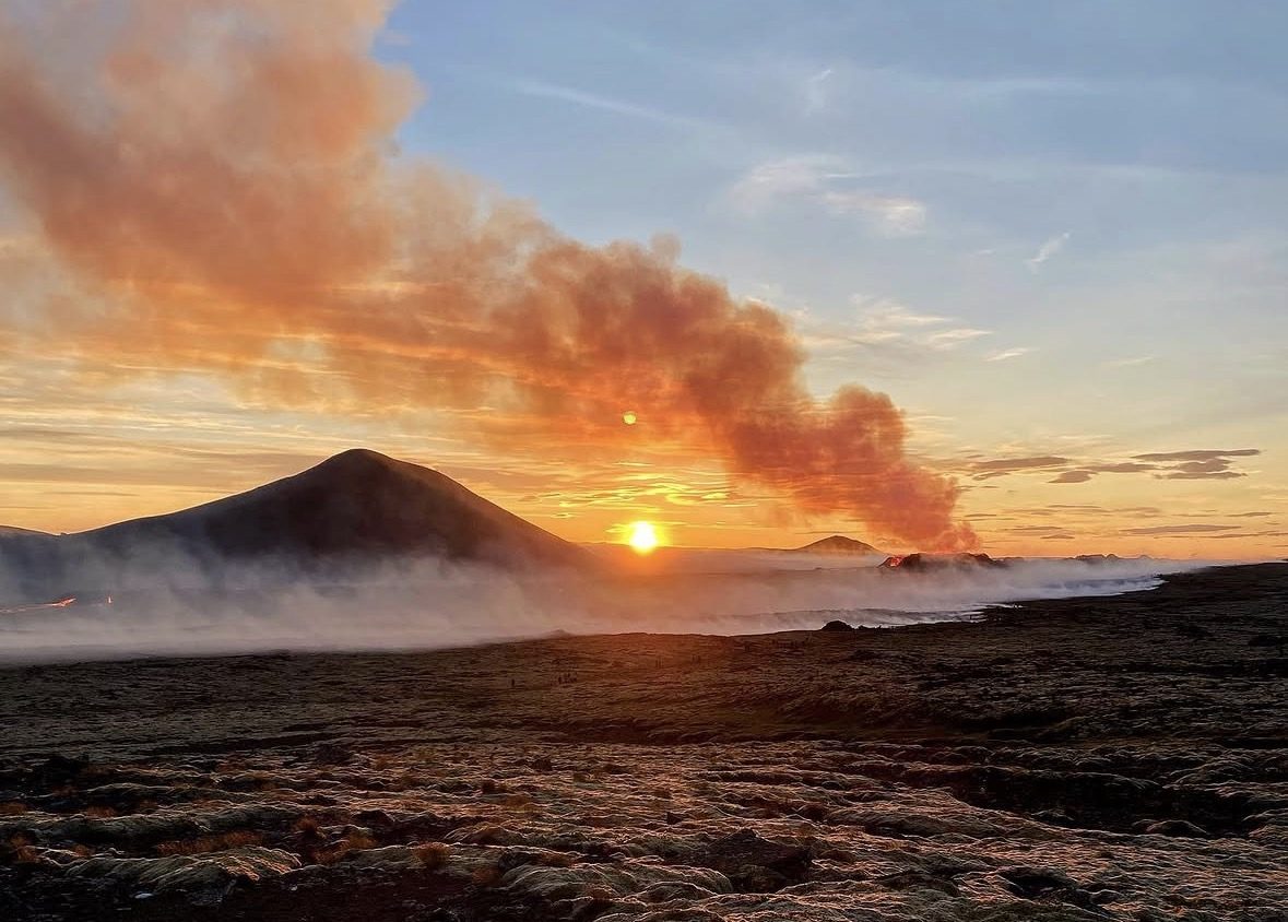Golden midnight sun light over Fagradalsfjall lava fields during summer in Iceland